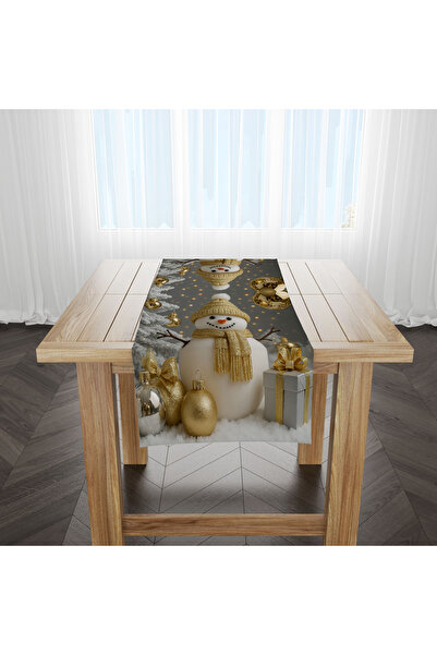 Hayal Dekoratif Yılbaşı Temalı Gold Kardan Adam Figürlü 3D Hediyelik 45x100'Cm Dekorasyon Runner Masa Örtüsü