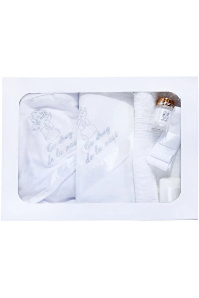 Inovius Trusou Botez 6 piese cu Text Brodat, Ingeras, Alb Argintiu - TB106