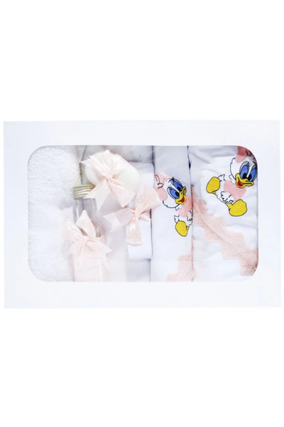 Inovius Trusou Botez cu 7 piese - Daisy Duck brodata - ALB - ROZ DESCHIS - TB79