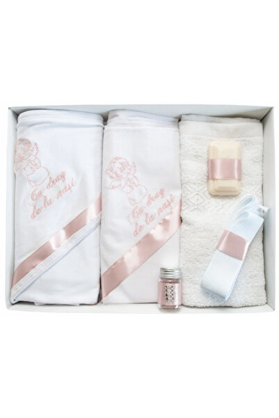 Inovius Trusou Botez 6 piese cu Text Brodat, Ingeras, Roz Pudrat - TB118