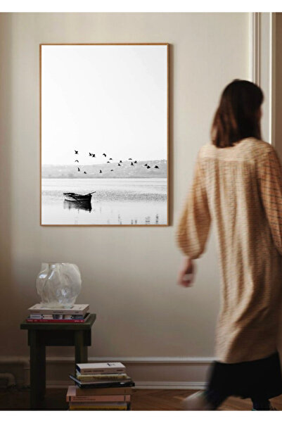 seninürünün Σκάφος και πουλιά – Μονόχρωμο μοντέρνο ζωγραφικό έργο με μεταλλικ...