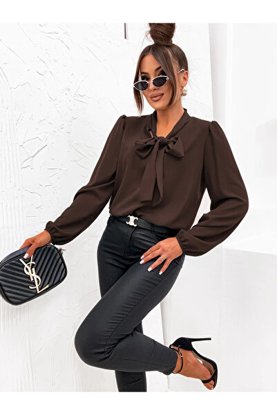 UniqueStore.ro Κομψό καφέ πουκάμισο με φιόγκο στο λαιμό