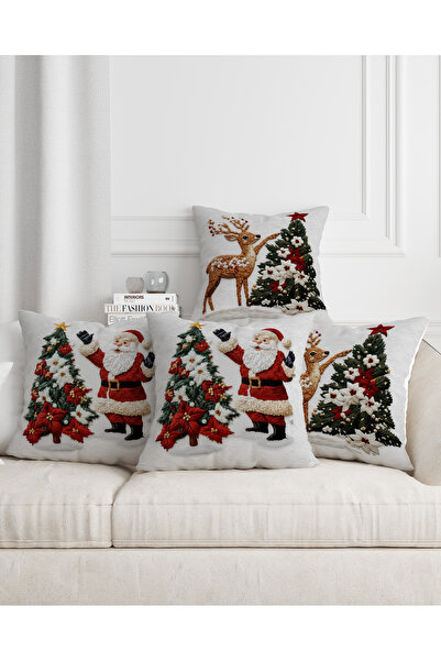 Hayal Dekoratif Christmas Themed Embroidery Patterned Santa Claus and Deer 4-Piece Digital Printed Gift Throw Pillow Cover Set
