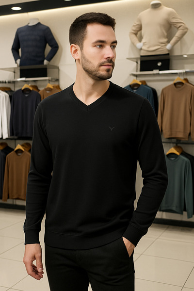 Maccali Men's Casual Basic Loose Black Long Sleeve V-Neck Sweater