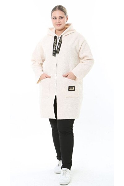 Butik Nilyam Women's Plus Size Midi Hooded Turn-Down Collar Cashmere Coat 25061