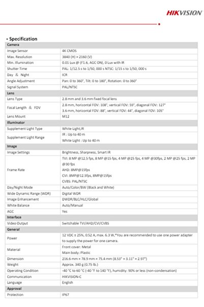 hikvison 4K Smart Camera with Stunning 8MP Resolution, Hybrid Color Lighting, 40m Range, IP67, Reliable Night Vision DS-2CE17U0T-LF