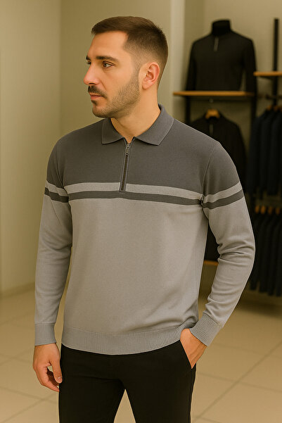 Maccali Men's Casual Long Sleeve Gray Zippered Sweatshirt