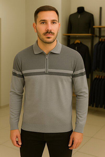 Maccali Men's Casual Long Sleeve Gray Zippered Sweatshirt