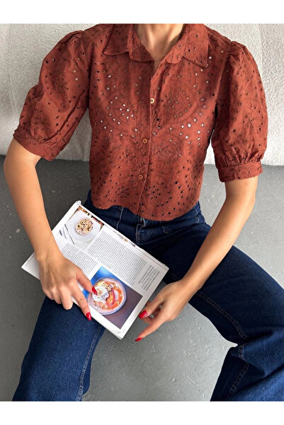 NUVIRAA Brodeli crop gömlek s1023