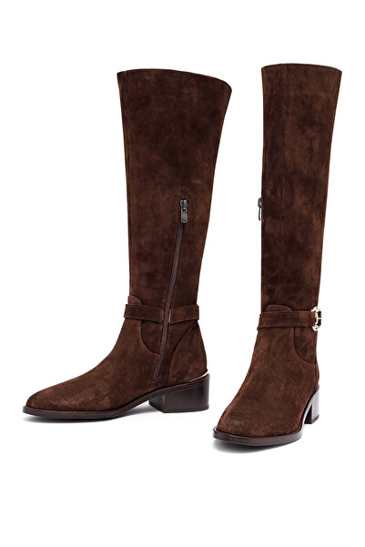 Derimod Women's Brown Zippered Short Heeled Suede Leather Boots 25Wfd153510