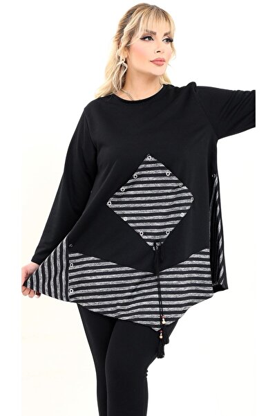 Kheos O-Neck Cut Square Pocket Skirt Asymmetrical and Blocky Long Sleeve Design Plus Size Tunic