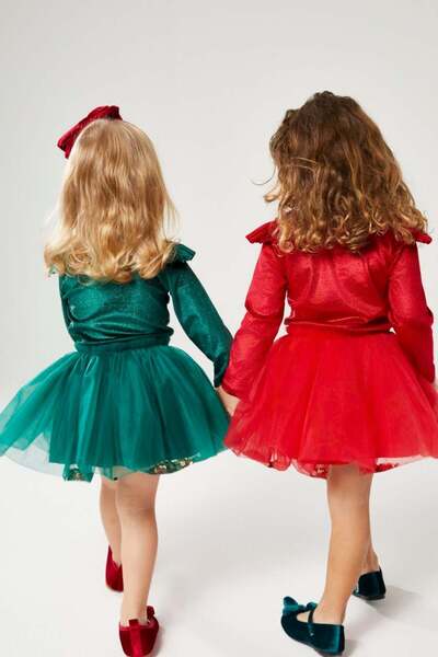 Pinkitokids Green Velvet Blouse and Sequin Detailed Tutu Skirt Set