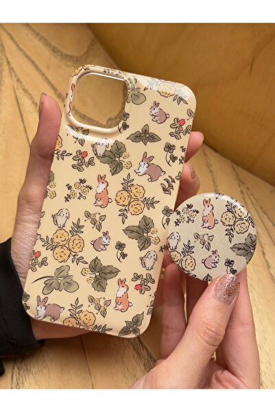 BURKİNA غطاء سيليكون وردي متوافق مع آيفون 13/14، مع نمط أرنب وحامل لامع ومغنا...