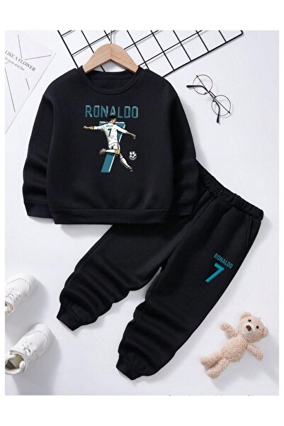 Massgai Set de trening pentru copii unisex Ronaldo 7 albastru imprimat special din bumbac cu decolteu rotund