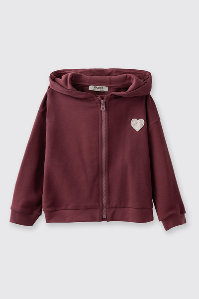 Panço Baby Girl Hooded Heart Applique Zippered Soft Textured Sweatshirt