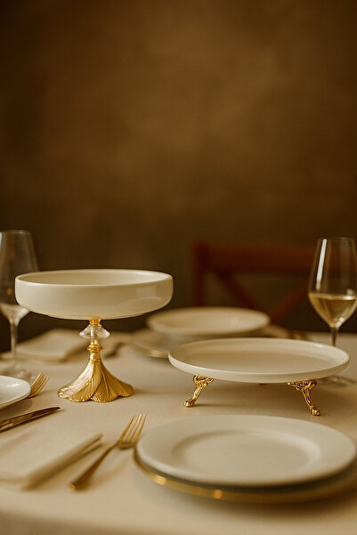 Sillage Home Lüks 2’li Porselen Sunum ve Servis Seti – 27 cm Metal Kaplama Ayaklı Şık Tasarım