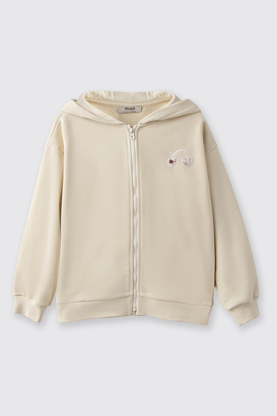 Panço Girl's Zippered Heart Detailed Beige Sweatshirt