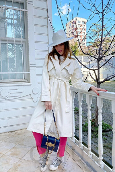 Qaju Women's Belted Jacket Collar Long Faux Leather Trench Coat - Ecru