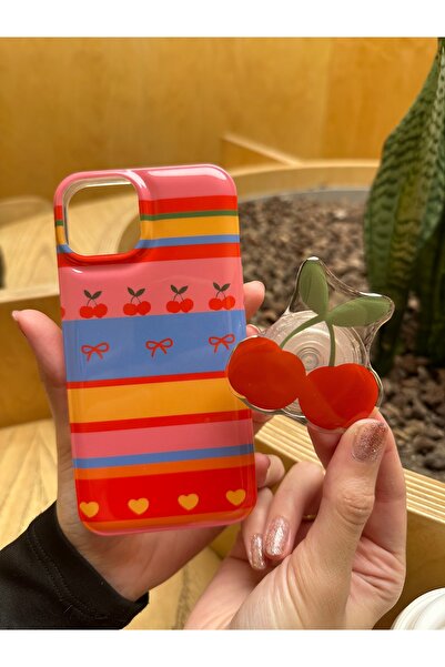 BURKİNA غطاء سيليكون ملون متوافق مع آيفون 13/14، بنمط الكرز اللامع مع حامل مغ...