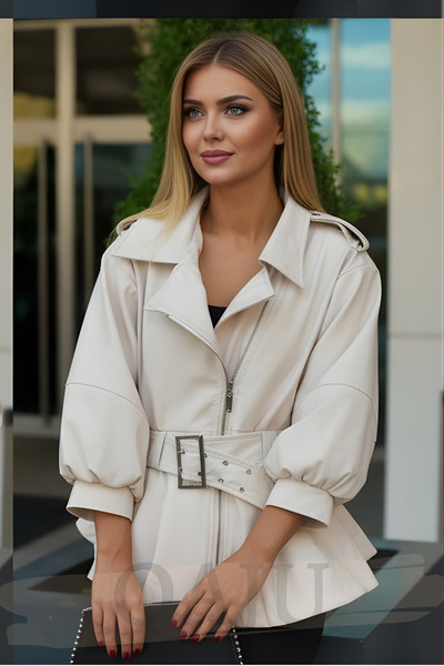 Qaju Women's Zippered Belted Faux Leather Jacket - Ecru