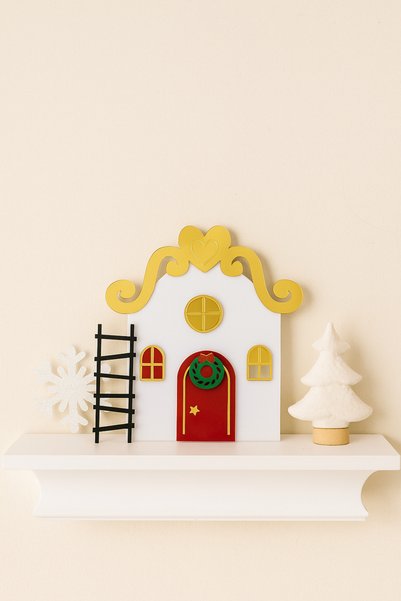 Boncukafası Christmas Plexiglass House Table Decoration, Christmas Elf House Ornament with Stand and Ladder 20 cm