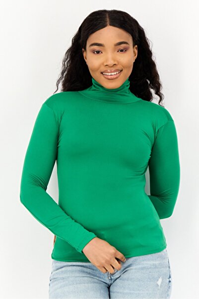 Brave Soul بلوزة نسائية سادة بأكمام طويلة وياقة عالية، لون أخضر