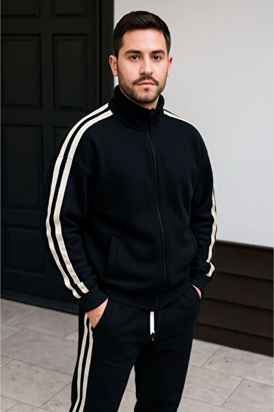 buğrahayalin Men's Double Stripe Tracksuit Set Mock Neck Zippered Sweatshirt with Cuffed Legs, Oversized