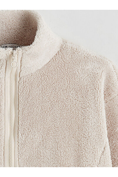 LC Waikiki Lcw modest ecru Mock Neck women's fleece cardigan