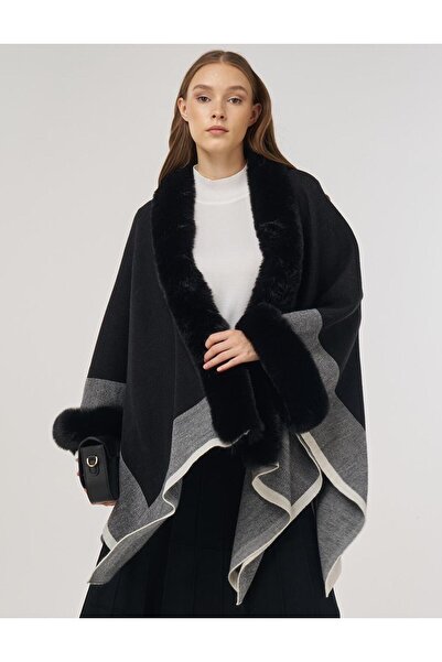 Kayra Faux Fur Detailed Poncho Black