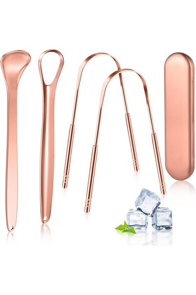 MORGLES مكشطة لسان نحاسية، 4 قطع مكشطة لسان مع حافظة طبية للبالغين