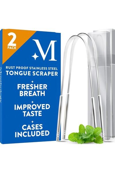 genernic Mouthology Tongue Scraper (2 Pack) - Stainless Steel, Travel Cases, Reduce Bad Breath