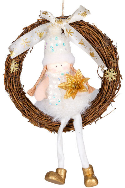 Herdekora Ornament de Anul Nou, Coroană de ușă, Auriu-Alb - Cu Figurină de Zâ...