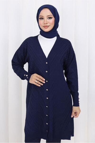 TRENDTESETTÜR Women's Navy Blue Patterned Knitwear Cardigan t 8913