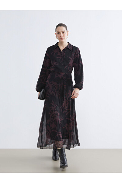 LC Waikiki Peak New Season Shirt Collar Floral Pleated Chiffon Dress