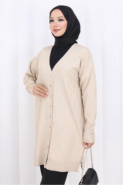 TRENDTESETTÜR Women's Beige (Stone) Patterned Knitwear Cardigan t 8913