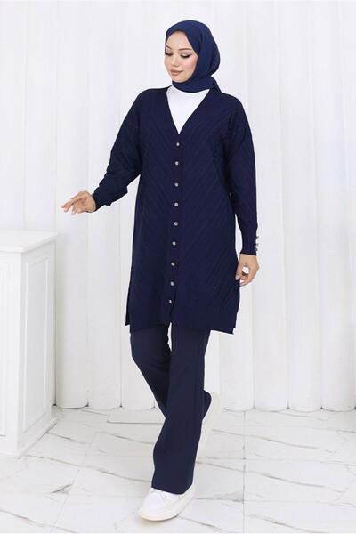 TRENDTESETTÜR Women's Navy Blue Patterned Knitwear Cardigan t 8913