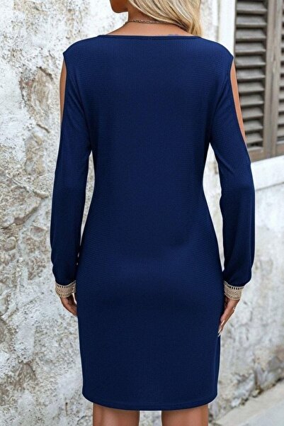 Mossta Off-The-Shoulder V-Neck Ruched Long Sleeve Waffle Mini Dress - Navy Blue