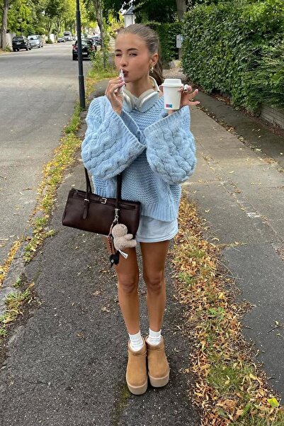 Madmext Pulover tricotat pentru femei Baby Blue guler rotund MG2601