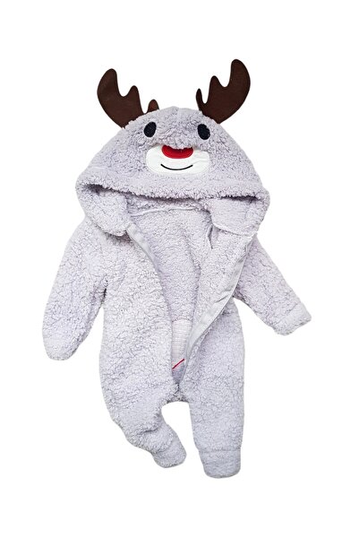 Miniworld Baby fleece jumpsuit with hood and ears, Reindeer model, heart print on the back, gray
