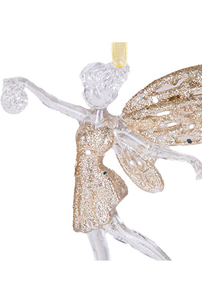 Herdekora Christmas Ornament, Angel, Transparent-Champagne - Hanging, Acrylic Glass, Glitter Wings, Glitter Dress, Holding Ball