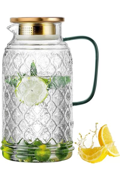 LENND Water Jug Glass Pitcher with Lid, 1.8L, Clear Borosilicate