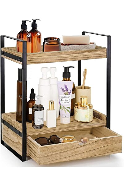 LENND منظم طاولات الحمام مع درج - صينية زينة من طبقتين (بني)