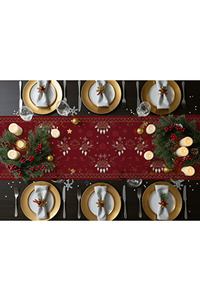 Casa Suki Yılbaşı Süs Çiçekleri Desenli Bordürlü Kırmızı Runner,Dertsiz,Leke ...