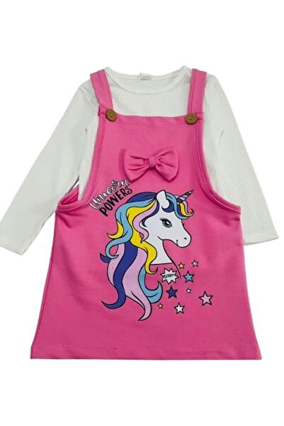 ÇİTO KİDS Kız Çocuk Pamuklu Pembe Askılı Unicorn Baskılı 2'li Elbise