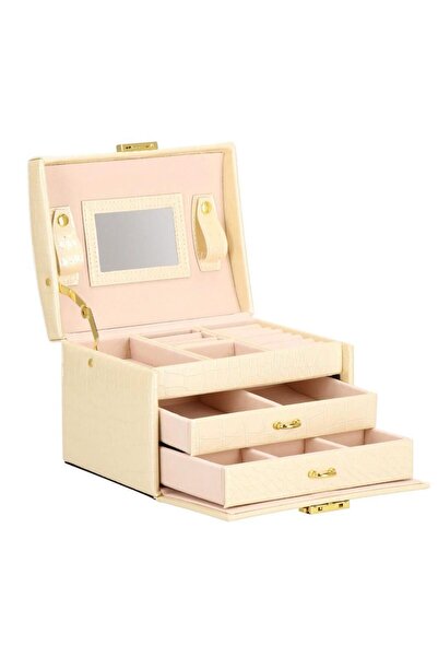 Springos Jewelry box, MDF, faux leather and velvet, cream & pink, with mirror, 17.5x14x12.5 cm -
