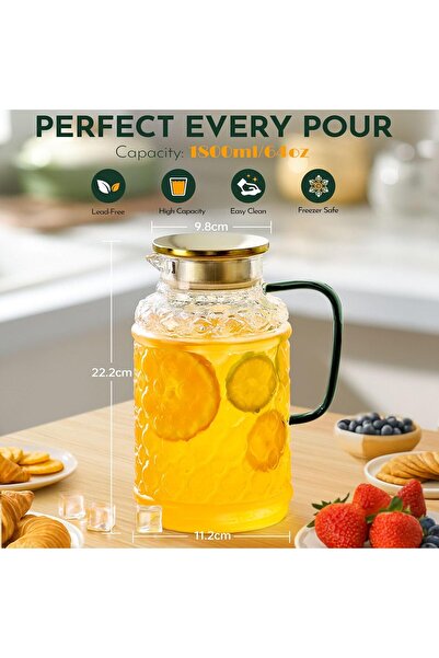 LENND Water Jug Glass Pitcher with Lid, 1.8L, Clear Borosilicate