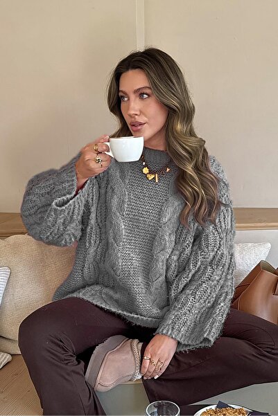Madmext Dark Gray Crew Neck Knit Pattern Women's Knitwear Sweater Mg2601