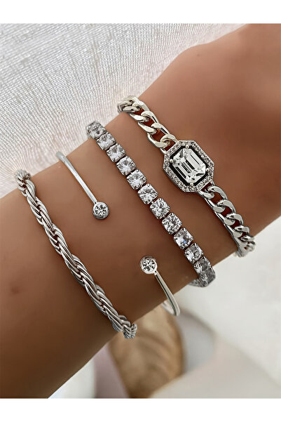 Take Two By Styli مجموعة من 4 أساور فضية مزينة بأحجار الراين