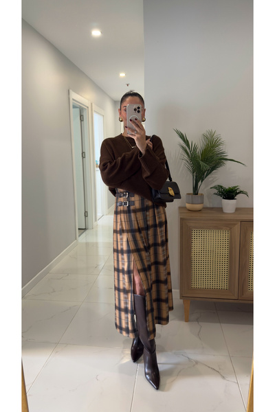 BİRCANÇİL Husan Brown Patterned Slit Skirt