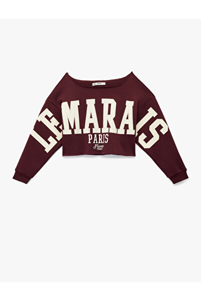 Koton Long Sleeve Printed Boat Neck Oversized Crop Sweatshirt